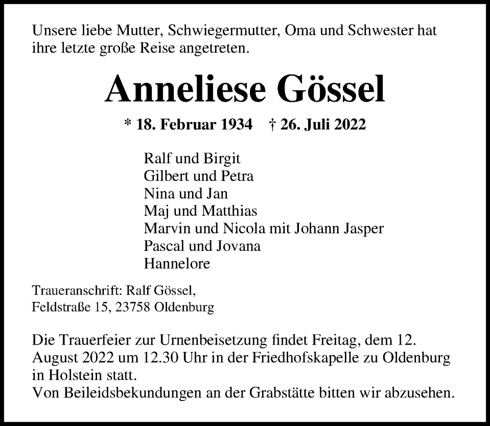  Traueranzeige für Anneliese Gössel vom 06.08.2022 aus Lübecker Nachrichten