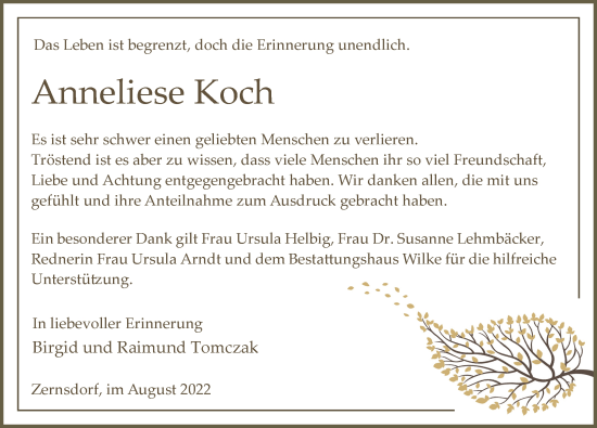 Traueranzeige von Anneliese Koch von Märkischen Allgemeine Zeitung