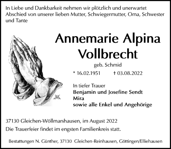 Traueranzeige von Annemarie Alpina Vollbrecht von Göttinger Tageblatt