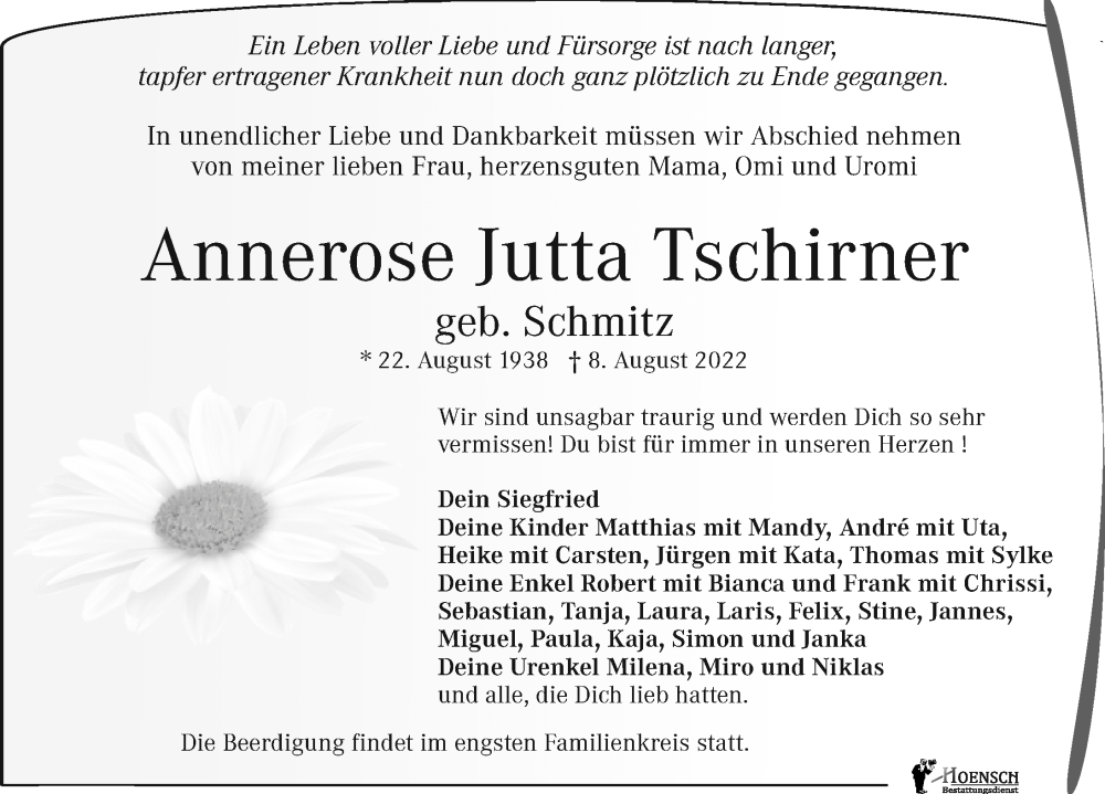  Traueranzeige für Annerose Jutta Tschirner vom 13.08.2022 aus Leipziger Volkszeitung