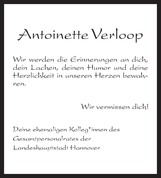 Traueranzeige von Antoinette Verloop von Hannoversche Allgemeine Zeitung/Neue Presse