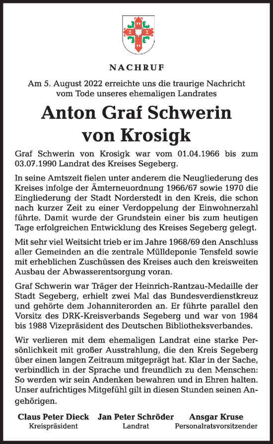 Traueranzeige von Anton Graf Schwerin von Krosigk von Kieler Nachrichten