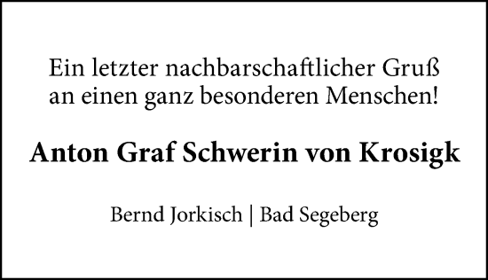 Traueranzeige von Anton Graf Schwerin von Krosigk von Kieler Nachrichten