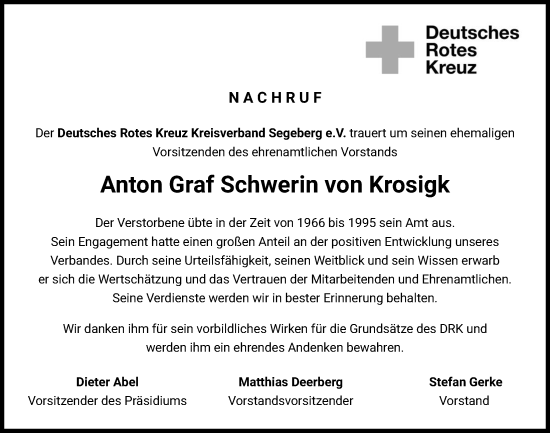 Traueranzeige von Anton Graf Schwerin von Krosigk von Kieler Nachrichten