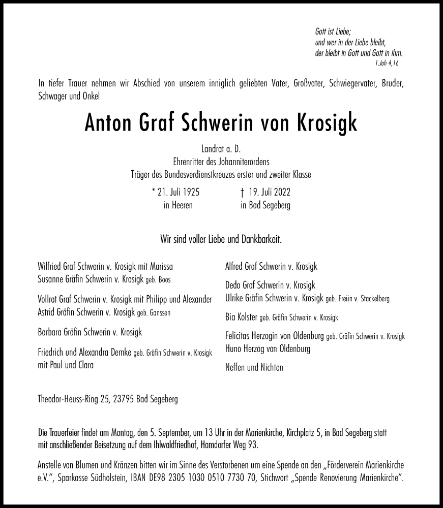  Traueranzeige für Anton Graf Schwerin von Krosigk vom 27.08.2022 aus Kieler Nachrichten