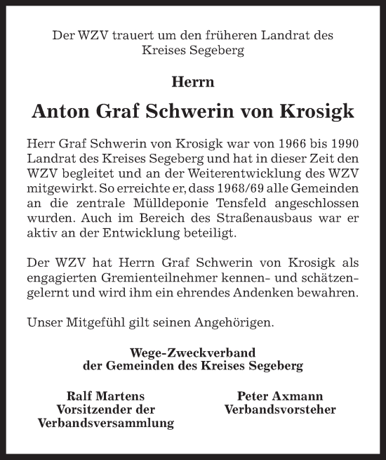 Traueranzeige von Anton Graf Schwerin von Krosigk von Kieler Nachrichten