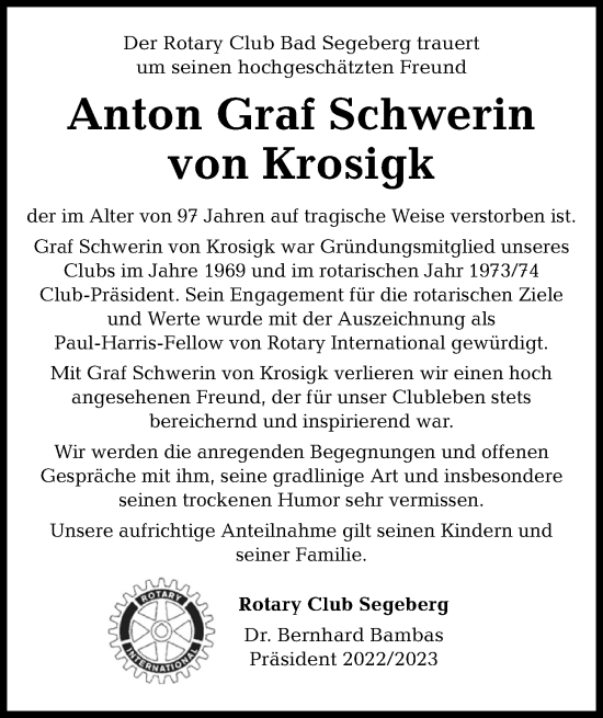 Traueranzeige von Anton Graf Schwerin von Krosigk von Kieler Nachrichten