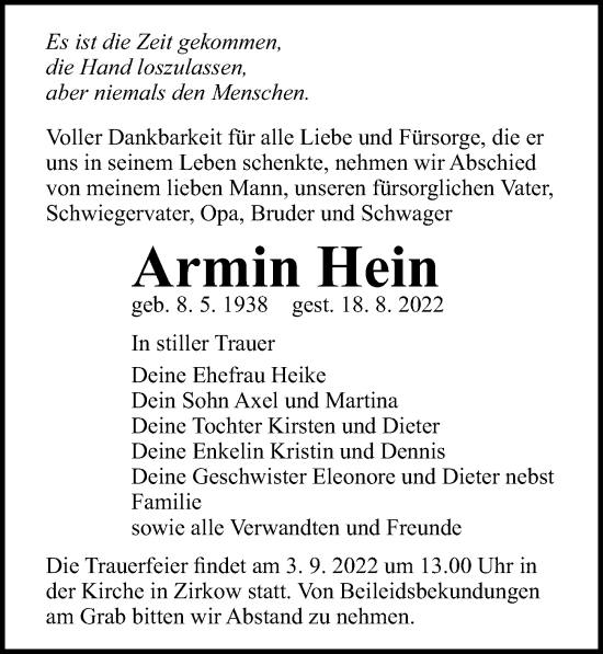 Traueranzeige von Armin Hein von Ostsee-Zeitung GmbH