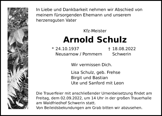 Traueranzeige von Arnold Schulz von Ostsee-Zeitung GmbH