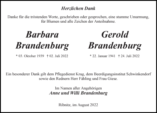 Traueranzeige von Barbara Brandenburg von Ostsee-Zeitung GmbH