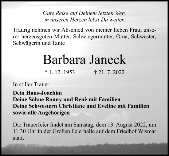 Traueranzeige von Barbara Janeck von Ostsee-Zeitung GmbH