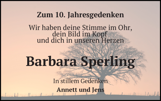 Traueranzeige von Barbara Sperling von Leipziger Volkszeitung