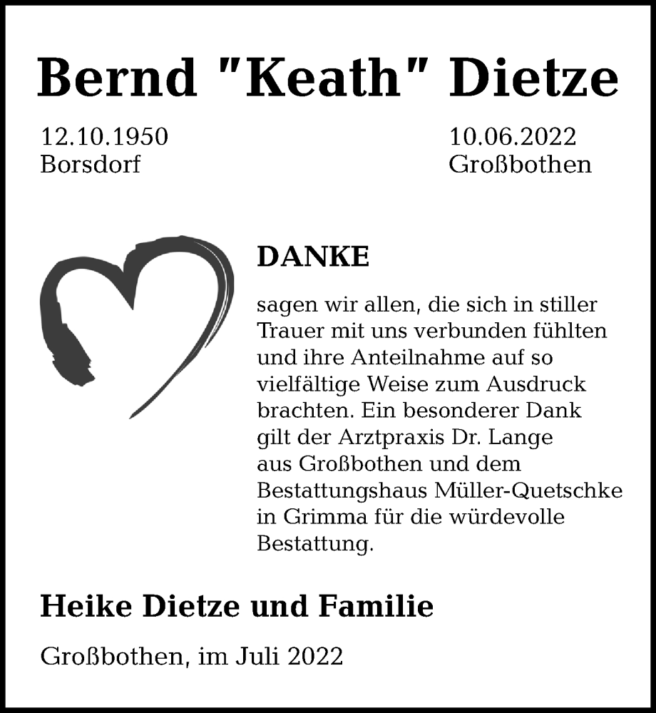  Traueranzeige für Bernd Dietze vom 16.07.2022 aus Leipziger Volkszeitung
