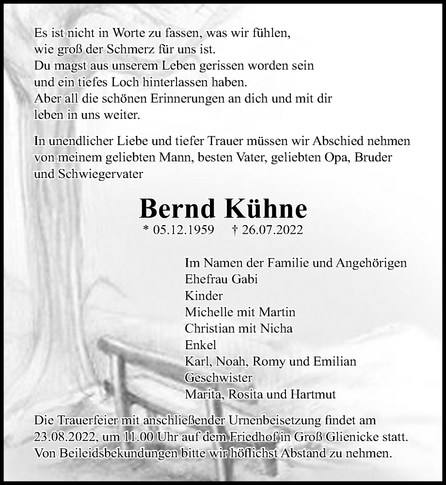  Traueranzeige für Bernd Kühne vom 06.08.2022 aus Märkischen Allgemeine Zeitung