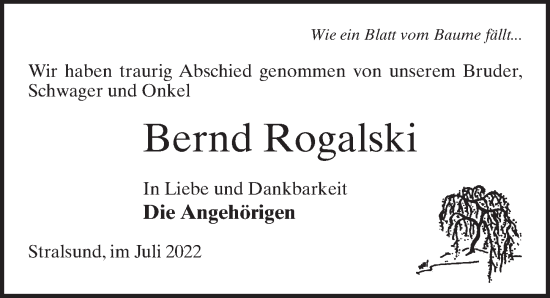Traueranzeige von Bernd Rogalski von Märkischen Allgemeine Zeitung