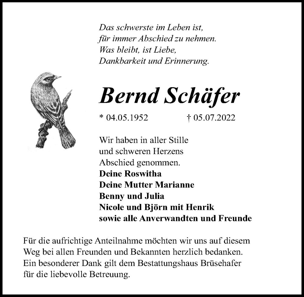  Traueranzeige für Bernd Schäfer vom 06.08.2022 aus Märkischen Allgemeine Zeitung