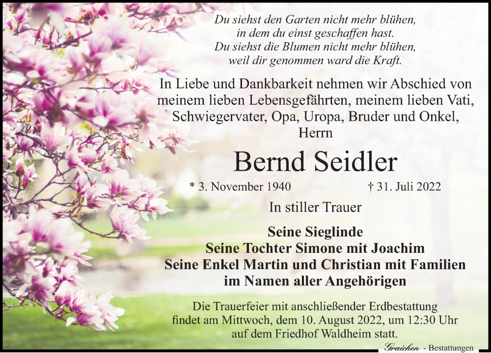  Traueranzeige für Bernd Seidler vom 04.08.2022 aus Leipziger Volkszeitung