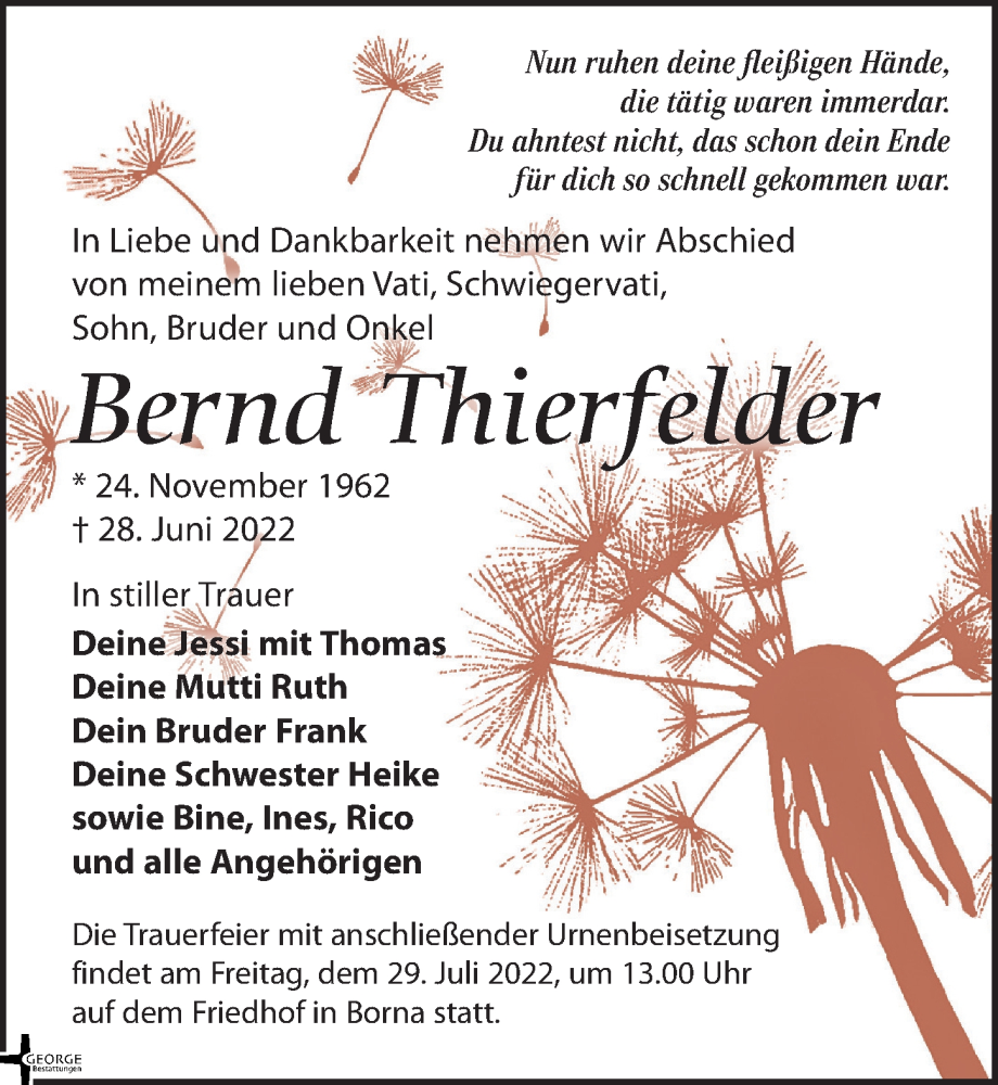 Traueranzeigen Von Bernd Thierfelder | Trauer-anzeigen.de