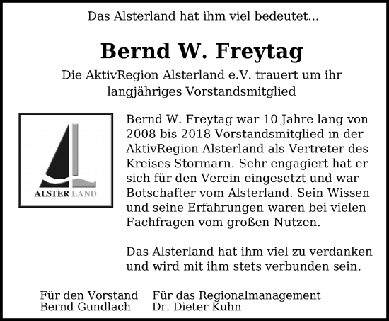 Traueranzeige von Bernd W. Freytag von Kieler Nachrichten