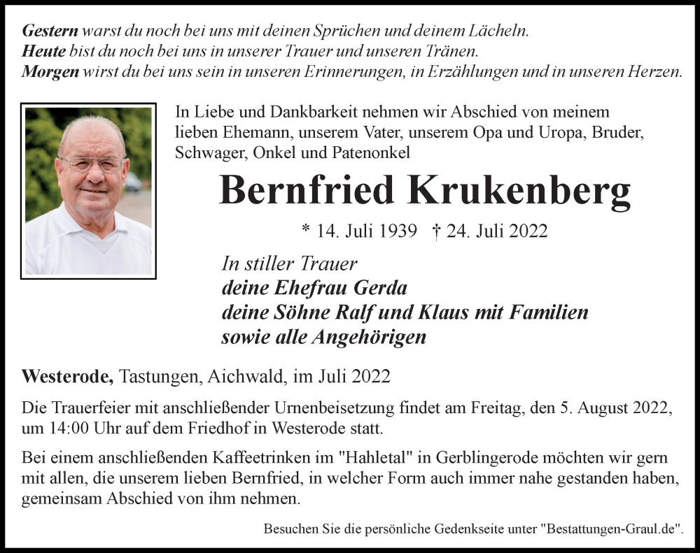  Traueranzeige für Bernfried Krukenberg vom 03.08.2022 aus Eichsfelder Tageblatt