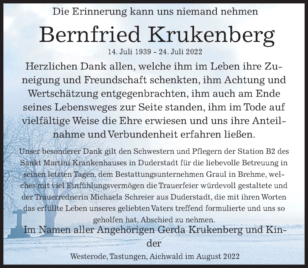  Traueranzeige für Bernfried Krukenberg vom 12.08.2022 aus Eichsfelder Tageblatt