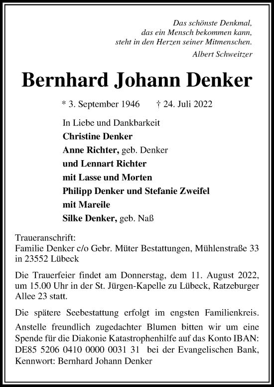 Traueranzeige von Bernhard Johann Denker von Lübecker Nachrichten