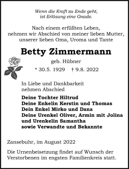 Traueranzeige von Betty Zimmermann von Ostsee-Zeitung GmbH