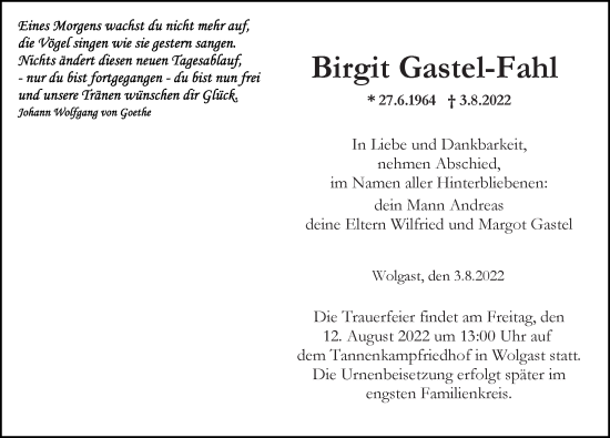 Traueranzeige von Birgit Gastel-Fahl von Ostsee-Zeitung GmbH