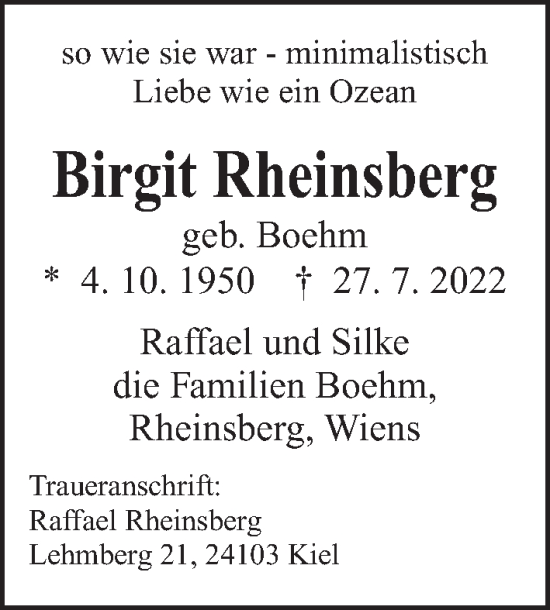 Traueranzeige von Birgit Rheinsberg von Kieler Nachrichten