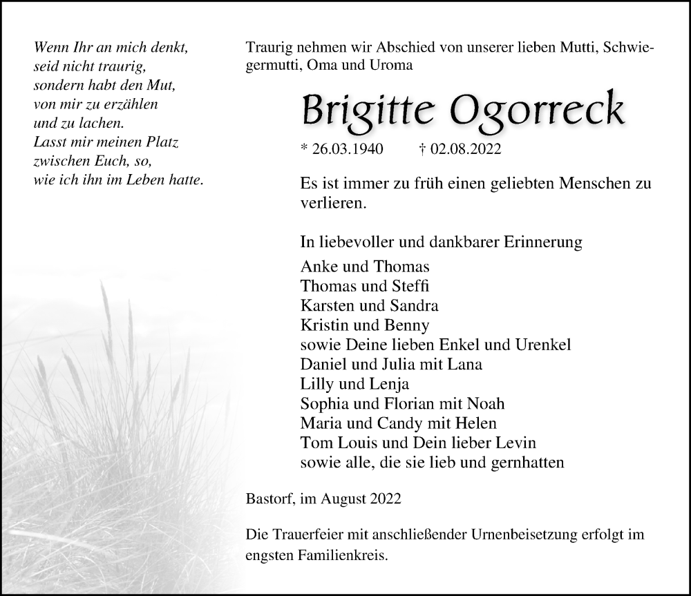  Traueranzeige für Brigitte Ogorreck vom 06.08.2022 aus Ostsee-Zeitung GmbH