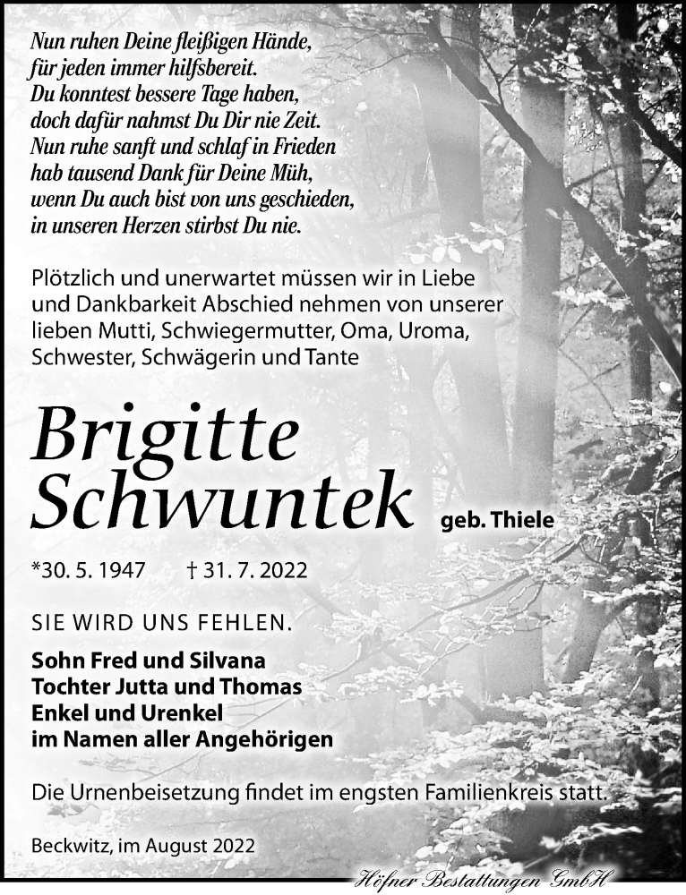  Traueranzeige für Brigitte Schwuntek vom 06.08.2022 aus Torgauer Zeitung