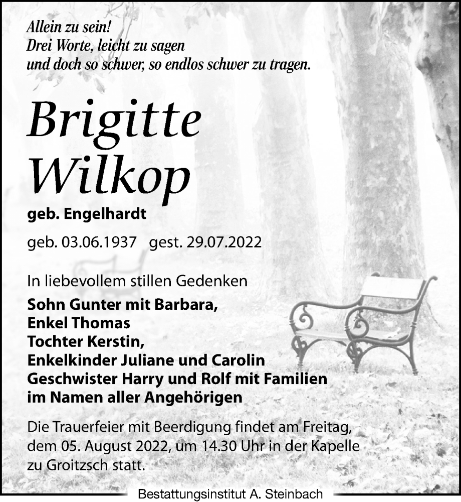  Traueranzeige für Brigitte Wilkop vom 03.08.2022 aus Leipziger Volkszeitung