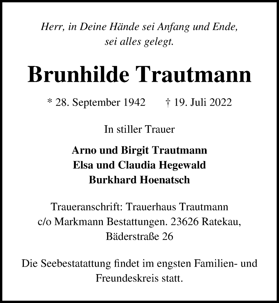  Traueranzeige für Brunhilde Trautmann vom 21.08.2022 aus Lübecker Nachrichten