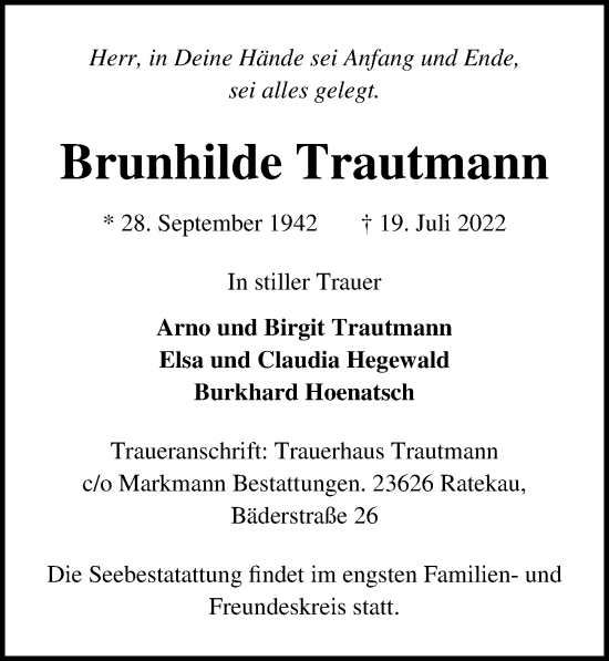 Traueranzeige von Brunhilde Trautmann von Lübecker Nachrichten