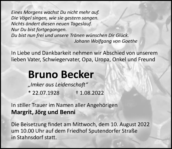 Traueranzeige von Bruno Becker von Märkischen Allgemeine Zeitung
