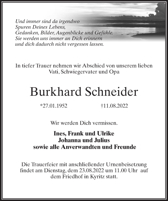 Traueranzeige von Burkhard Schneider von Märkischen Allgemeine Zeitung
