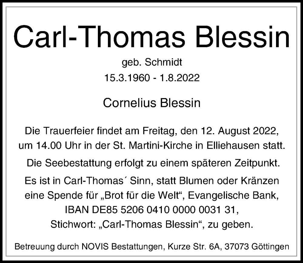  Traueranzeige für Carl-Thomas Blessin vom 06.08.2022 aus Göttinger Tageblatt