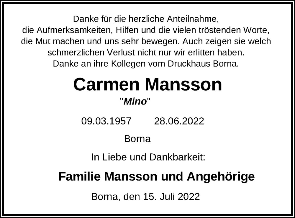  Traueranzeige für Carmen Mansson vom 19.07.2022 aus Leipziger Volkszeitung