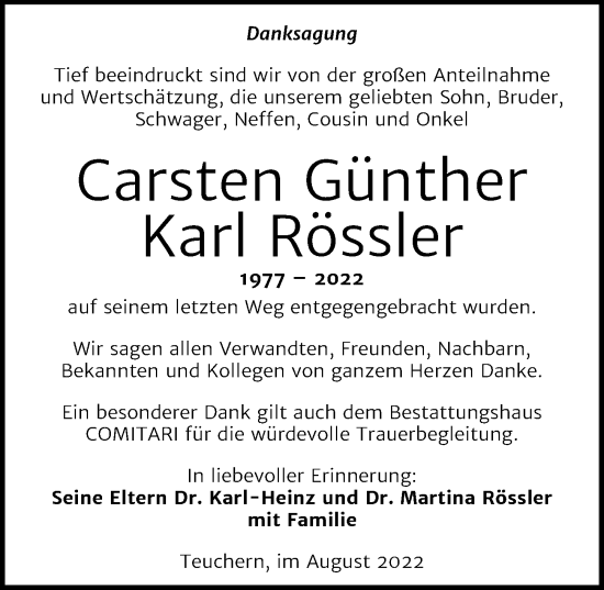 Traueranzeige von Carsten Günther Karl Rössler von Leipziger Volkszeitung