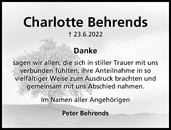 Traueranzeige von Charlotte Behrends von Peiner Allgemeine Zeitung