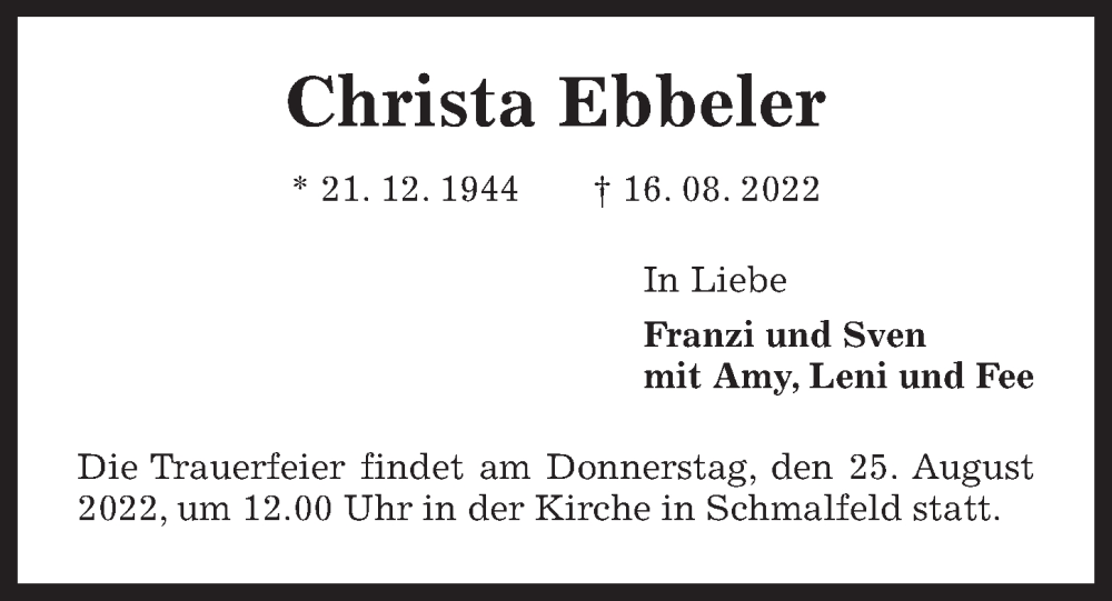  Traueranzeige für Christa Ebbeler vom 20.08.2022 aus Kieler Nachrichten