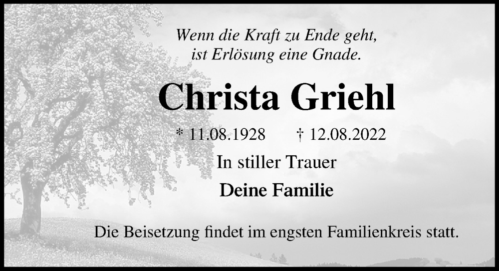  Traueranzeige für Christa Griehl vom 20.08.2022 aus Ostsee-Zeitung GmbH