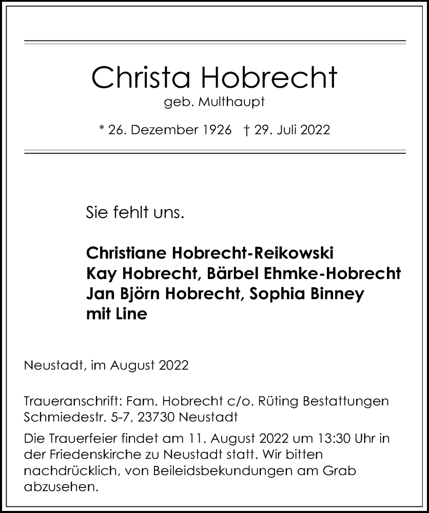 Traueranzeige für Christa Hobrecht vom 06.08.2022 aus Lübecker Nachrichten