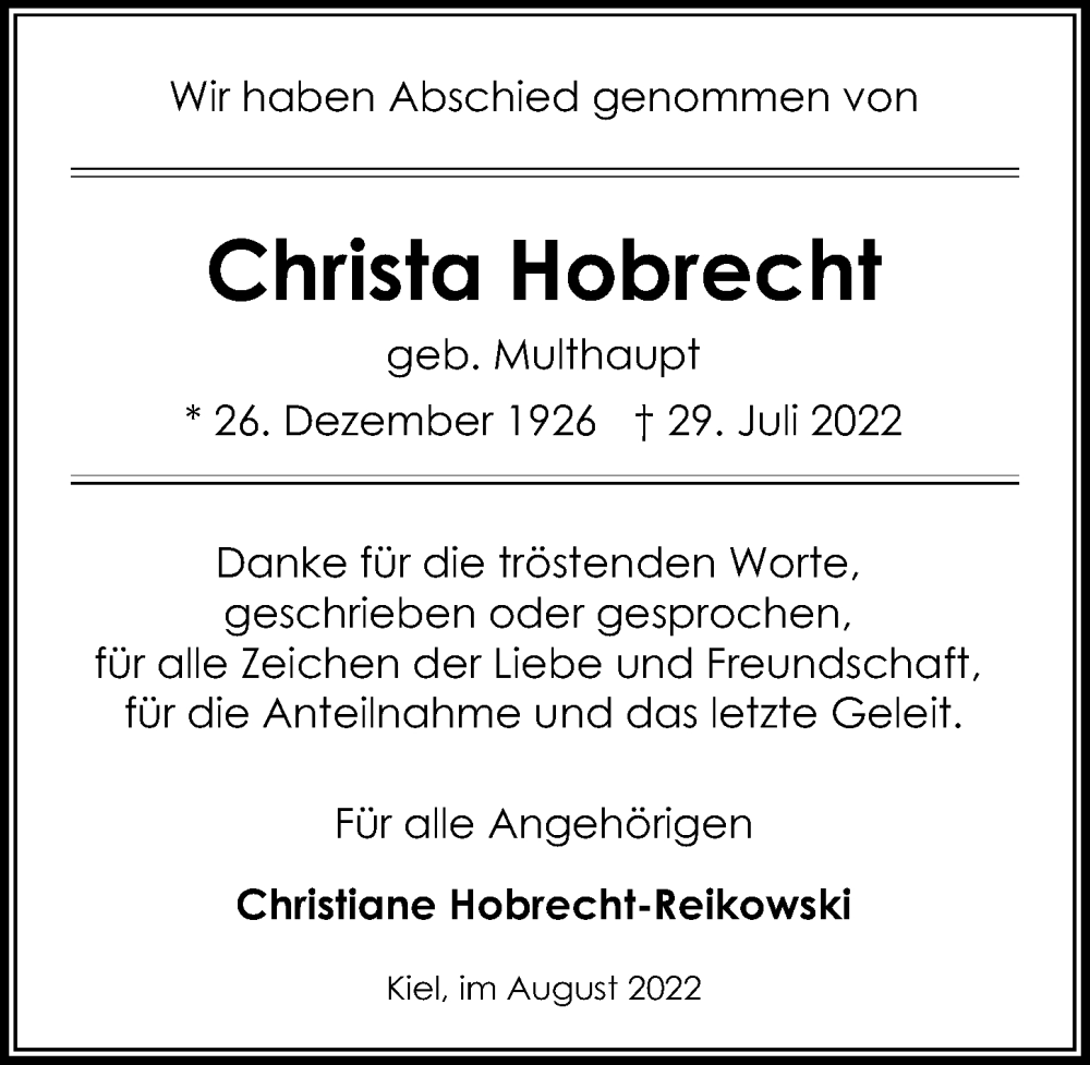  Traueranzeige für Christa Hobrecht vom 20.08.2022 aus Lübecker Nachrichten