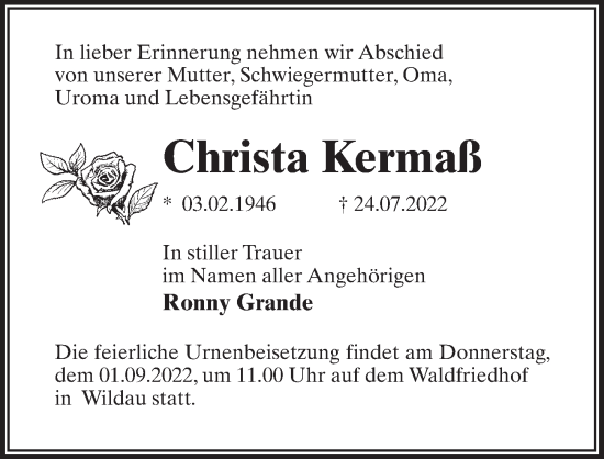Traueranzeige von Christa Kermaß von Märkischen Allgemeine Zeitung