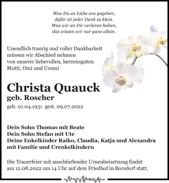 Traueranzeige von Christa Quauck von Leipziger Volkszeitung