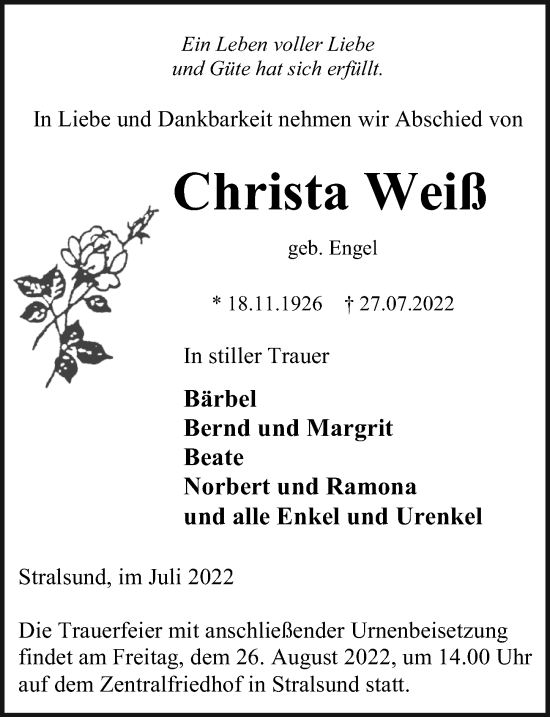 Traueranzeige von Christa Weiß von Ostsee-Zeitung GmbH