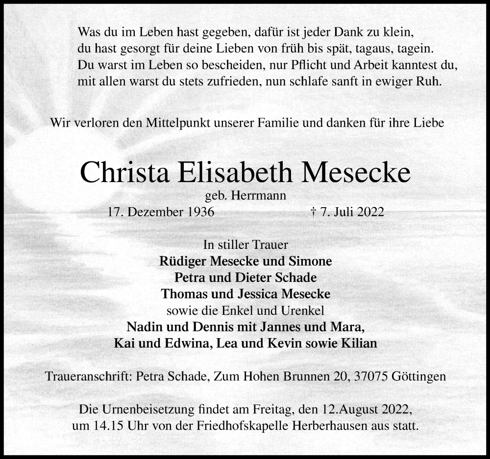  Traueranzeige für Christa Elisabeth Mesecke vom 06.08.2022 aus Göttinger Tageblatt