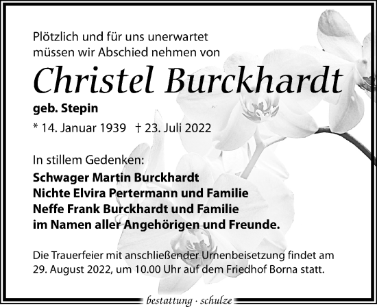 Traueranzeige von Christel Burckhardt von Leipziger Volkszeitung