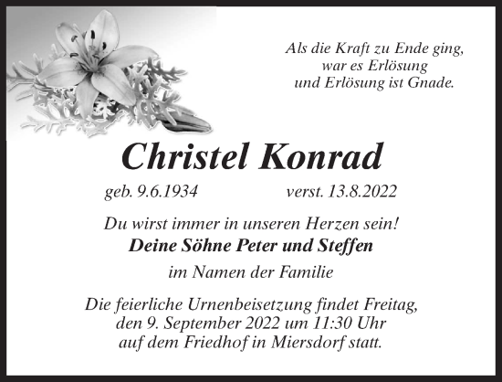 Traueranzeige von Christel Konrad von Märkischen Allgemeine Zeitung